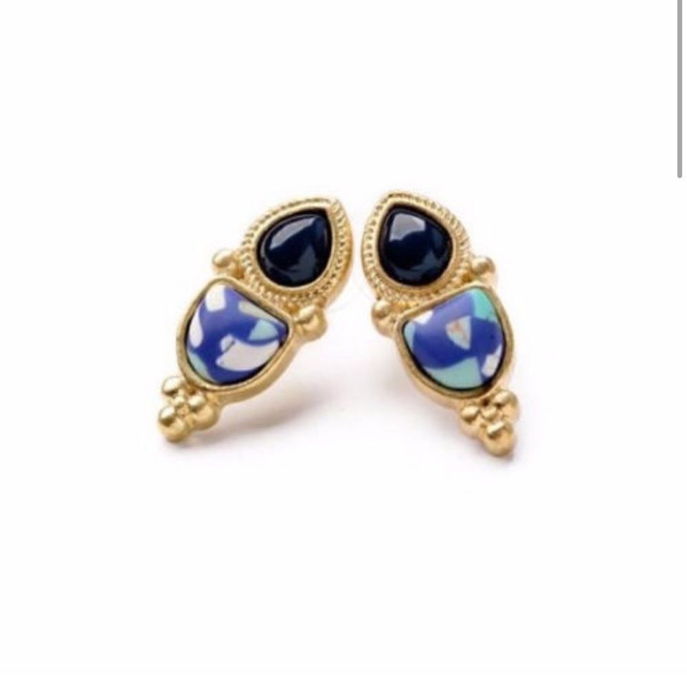 Blue Rhinestone And Marbled Blue Stud Earrings